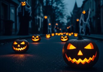 Halloween Night Street Scene - Lit jack-o'-lanterns line a dark street at night, creating an eerie Halloween atmosphere