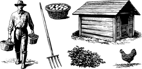 Engraved illustration of farmer with basket in rustic rural farm scene. Traditional pastoral life with eggs, rake, chicken, and hut.