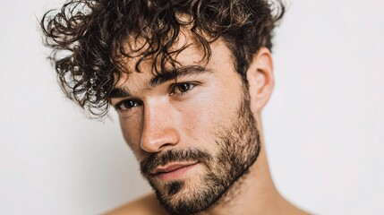 Obraz premium Young Unshaven Man Portrait on White Background for Stock Photos