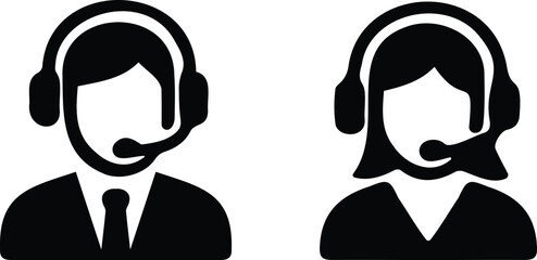 Customer service support icons showing male and female call center agents with headset in silhouette style for helpline or assistance