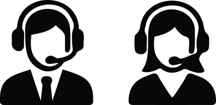 Customer service support icons showing male and female call center agents with headset in silhouette style for helpline or assistance