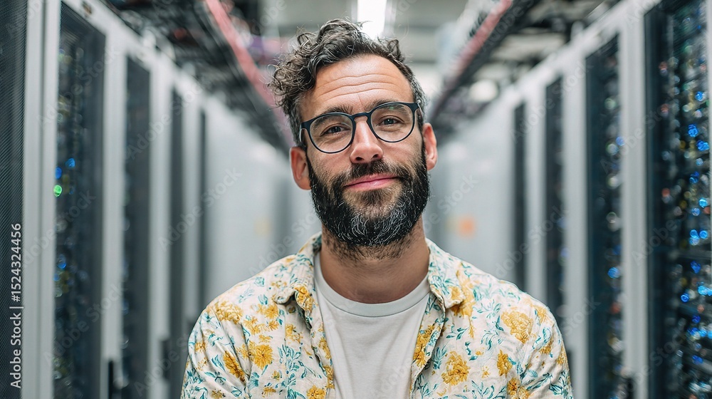 Poster curious and smiling it engineer in server room portrait