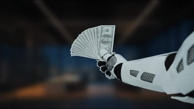A robotic hand emerges in a futuristic setting, displaying a stack of cash, representing the intersection of technology and finance in the modern economy. MZL