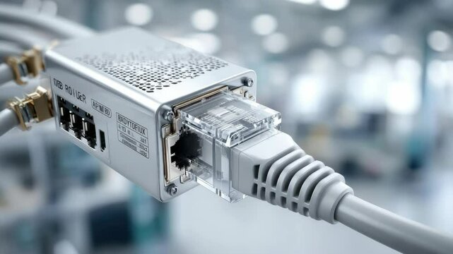 Understanding network connectivity with a close-up of an ethernet cable connector in a modern tech environment