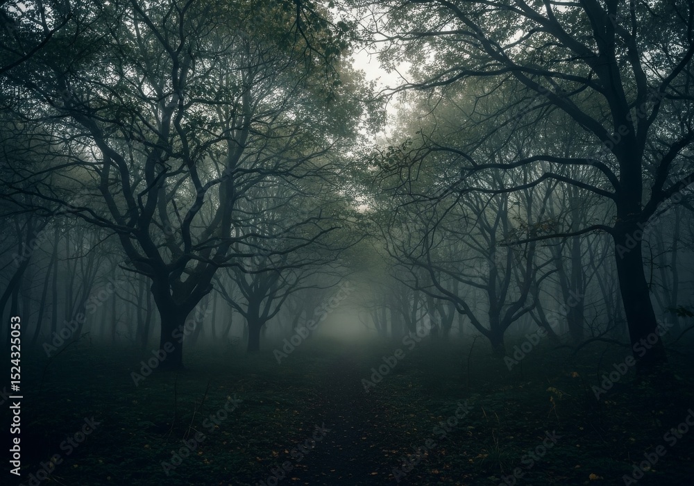Poster mysterious foggy forest path - a dark, atmospheric of a path winding through a dense forest shrouded
