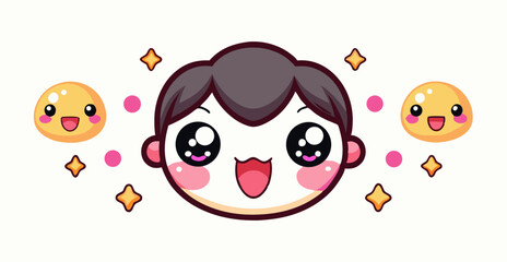 Happy Kawaii Boy Cartoon Face with Emojis