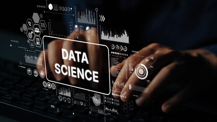 Hands Typing on Keyboard with Data Science Graphics Overlay in Dark Environment. Asymptotic smart...