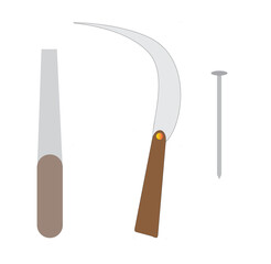 Hand tool vector with curved sickle, pointed nail, and sharp-edged chisel, representing agriculture, repair, manual labor and rural work instruments

