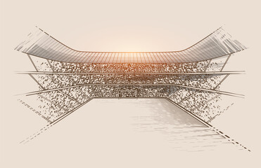 Line drawing Vector Illustration of a Modern Soccer Stadium with Crowd and Goalpost at Sunset. Hand Drawn Vector Football Stadium.
