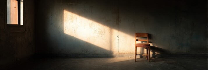 Sunlit chair in a dimly lit, aged room, with a small window providing minimal light