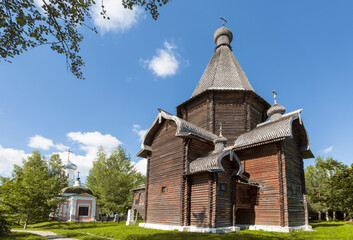 Wooden tent Church of the Assumption of the Blessed Virgin Mary, the oldest surviving wooden tent church of the XVI century and Catherine Church . Spaso-Prilutsky Monastery. Vologda, Russia