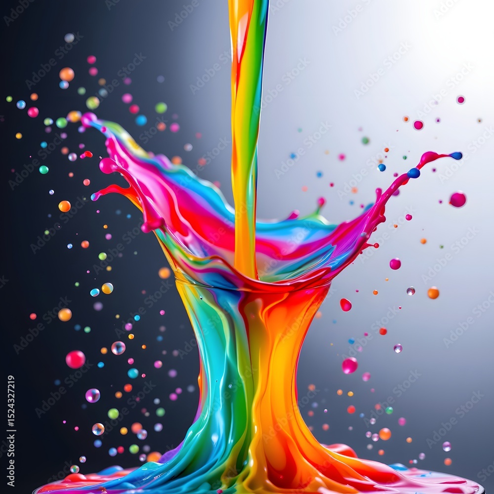 Poster colorful splash: a vibrant display of multicolored paint in mid-air, splashing into a dynamic shape,