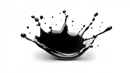 Black liquid splashing, crown-shaped, isolated on white, glossy surface, dynamic droplets