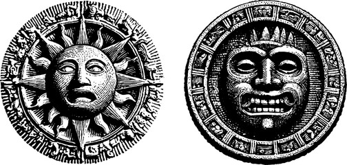 Obraz premium Engraved mayan calendar disc artwork set featuring ancient symbols and sun face