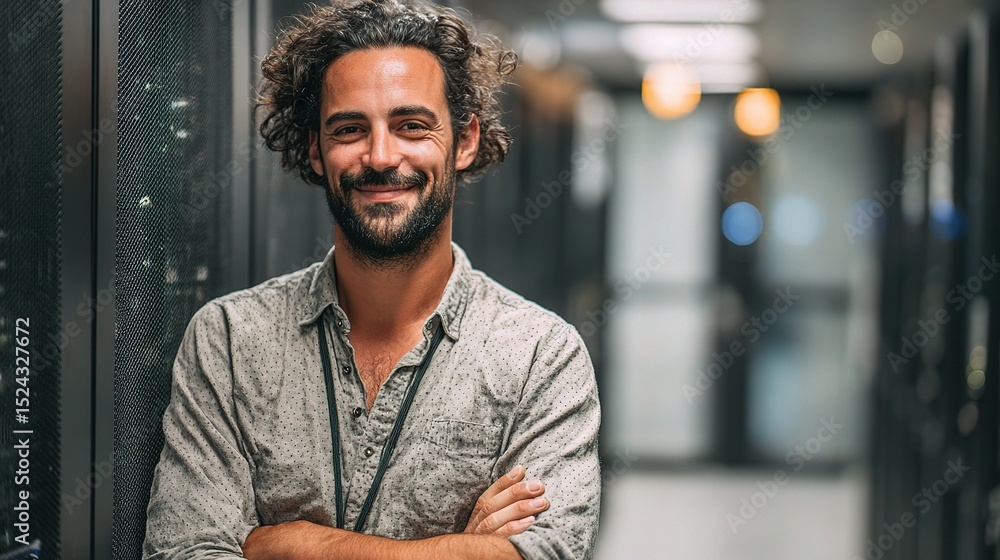 Poster it support engineer smiling confidently in server room environment