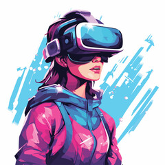 Professional vector illustration of a girl wearing virtual reality goggles for technology concepts