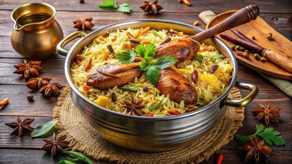 Fragrant basmati rice and marinated chicken mixed with aromatic spices in a large cooking pot , flavorful dish, aromatic spiced biryani