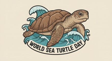 Naklejka premium Cartoon loggerhead turtle Celebrates World Sea Turtle Day with a Message of Ocean Protection and Environmental Awareness