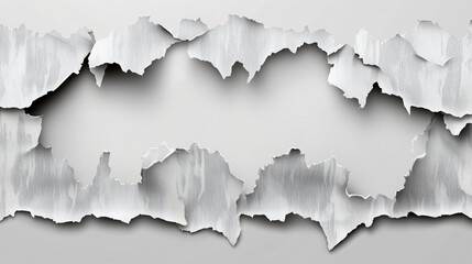 Torn grunge paper map of a European nation with a ripped hole, revealing blank space beneath a metal border design