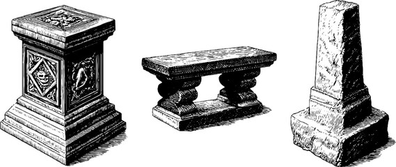 Engraved ossuary box and grave illustrations for historical design projects