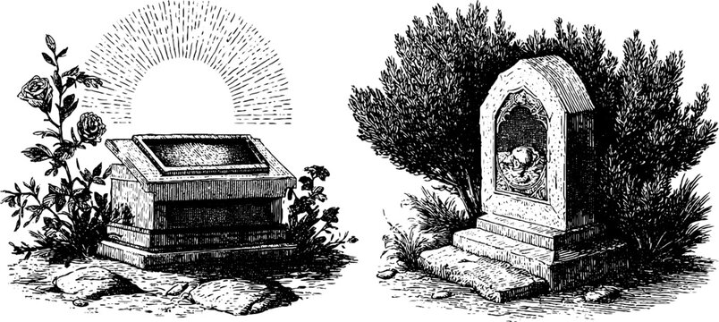 Vintage engraved illustrations of ossuary box and grave for historical design and decoration