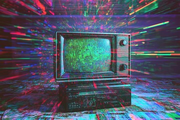 Retro TV with colorful glitch effect in abstract space
