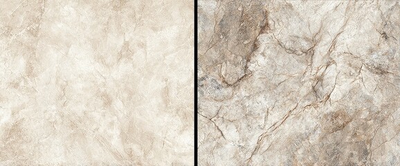 Two samples of subtly veined beige and taupe stone textures; one shows a smoother, less veined surface, the other a more rugged, prominently veined surface