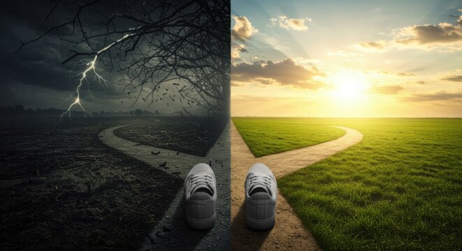 Composite image of two divergent paths, one leading to a dark, stormy abyss and the other to a bright, promising horizon.