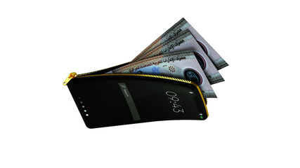 Online mobile money wallet concept. 3D rendering of United Arab Emirates Dirham notes inside smart phone isolated on transparent background. money coming out of purse