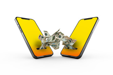 Transferring United Arab Emirates Dirham  notes from one phone to another.  mobile money transaction concept. money coming out of mobile phone with yellow screen isolated on transparent background