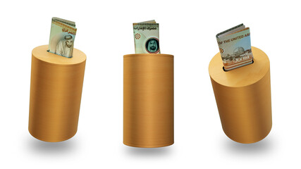 1000 United Arab Emirates Dirham money note folded inside cylindrical wooden savings box slot. set of savings concept. Generic Piggy Bank, Penny Bank, Money Box isolated on transparent background
