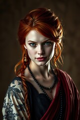 Fototapeta premium Portrait of beautiful red haired woman with green eyes, fantasy art, digital art