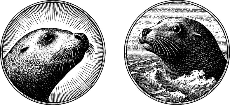 Engraved illustration set of selkie and seal imagery - mythical creature and marine mammal design