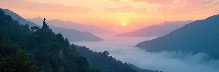 Serene landscape at dawn, mist clinging to mountains, conveying a sense of peace and enlightenment, reflecting the inherent Buddha nature within all things , balance, universe, belief