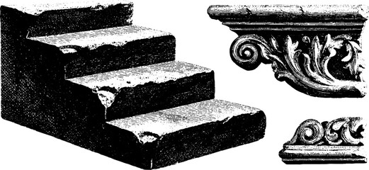 Engraved stair tread fragments with ornamental details for architectural design