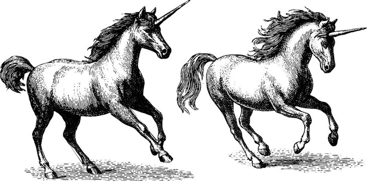 Engraved unicorn illustration set featuring spirals for artistic design use