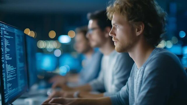 A team of multicultural software engineers working together to solve intricate coding challenges.