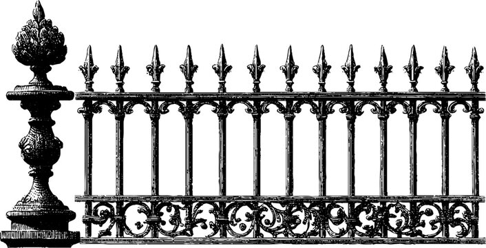 Elegant array of vintage wrought iron fencing with intricate designs for decorative use