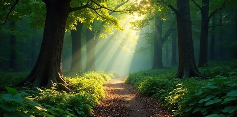 A tranquil, sun-dappled path winds through a dense, ancient forest, sunlight filtering through the leaves The air is still and peaceful, promising solitude and adventure , adventure, deep, old