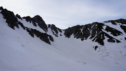 Snow-covered Senjojiki Cirque mountain landscape in Japanese Alp