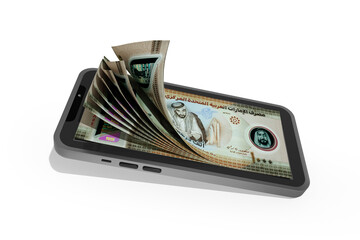 3D rendering of 1000 United Arab Emirates dirham notes inside a mobile phone isolated on transparent background, Emirati Dirham
