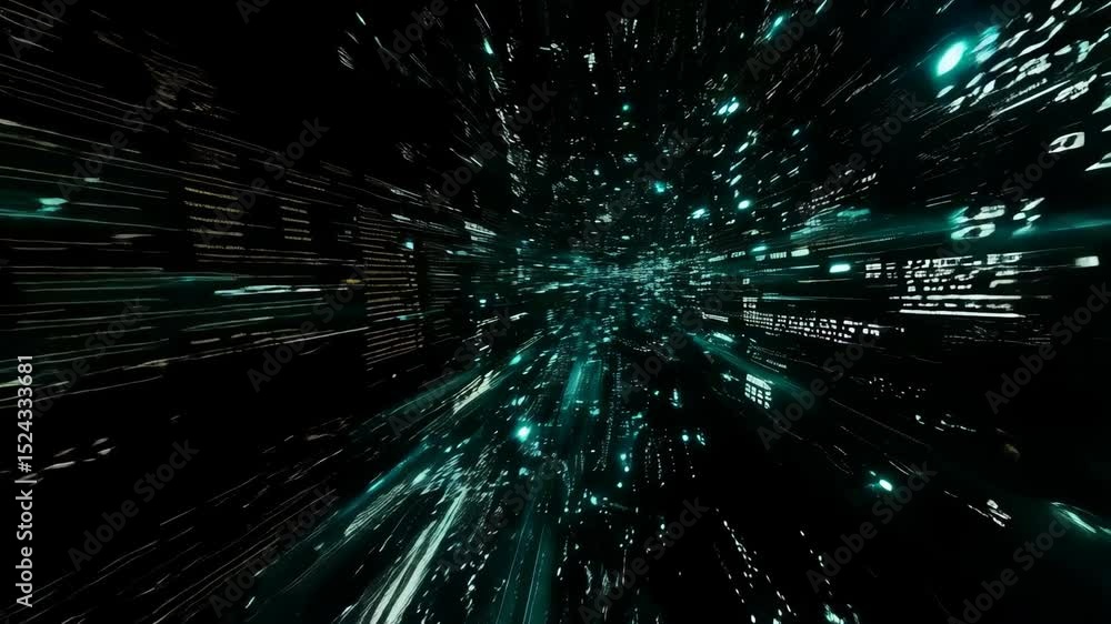 Poster futuristic digital tunnel with fastmoving cyan light trails in a data network