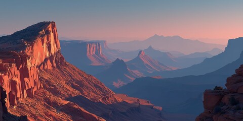 Naklejka premium stunning sunset canyon view with detailed vector shadows and vibrant warm tones creating a beautiful contrast in the landscape