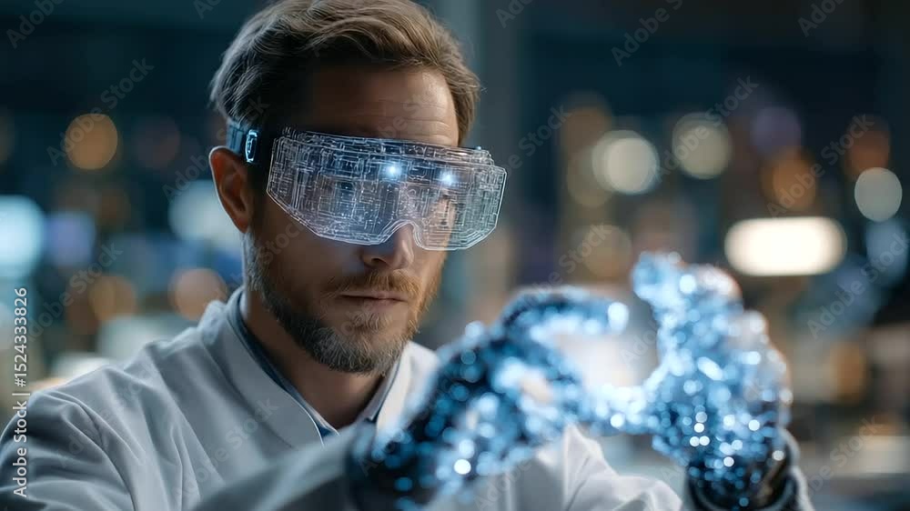 Poster innovative engineer crafting ai robot with advanced virtual vision technology in cutting-edge lab.
