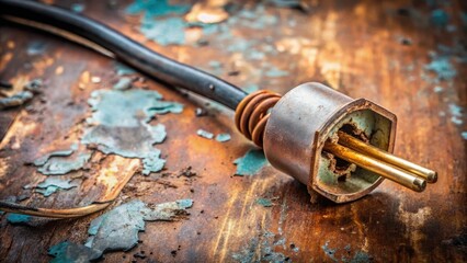 A broken wire on a worn-out electric plug lies exposed with exposed copper wiring, rusty, electric plug