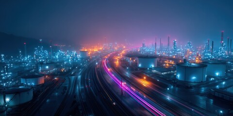 Drone image of a tech manufacturing hub at night, featuring bright lights and modern infrastructure in a bustling industrial scene


