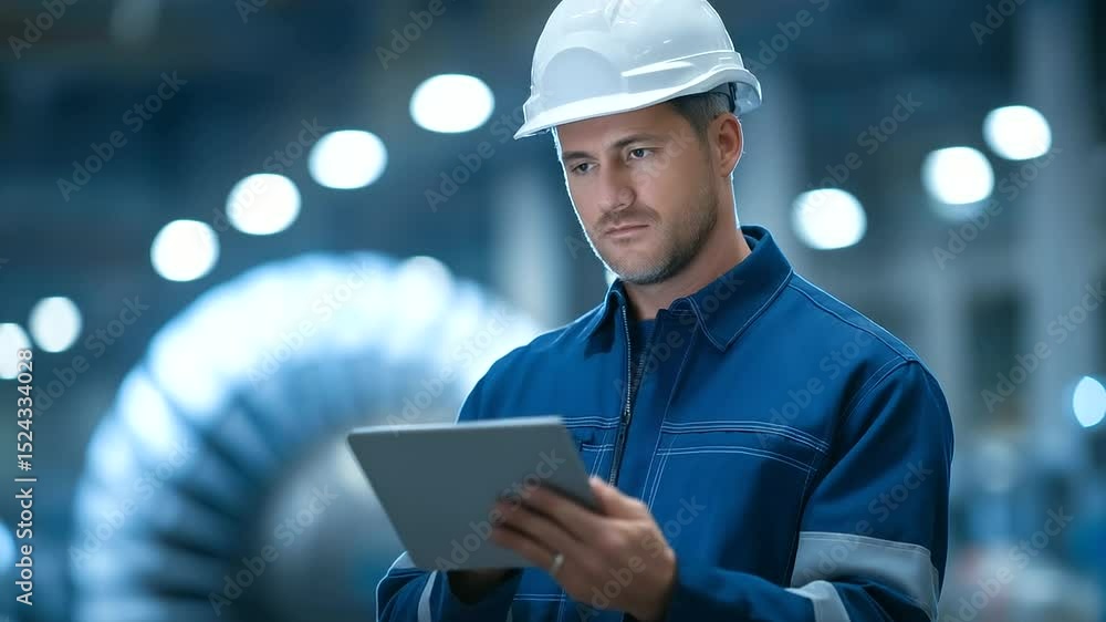 Poster engineer utilizing a tablet to analyze data while examining a gas turbine at a power plant.