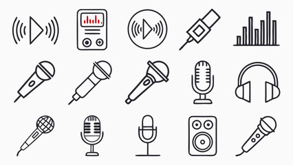 Obraz premium Audio Recording Equipment: Capturing and Mastering Sound with Line Art Illustrations of Professional Microphones and Accessories