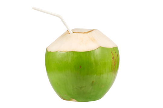 Fresh green coconut with straw ready to drinking isolated on transparent background.PNG