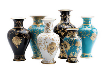 Elegant porcelain vases with gold accents isolated on transparent background